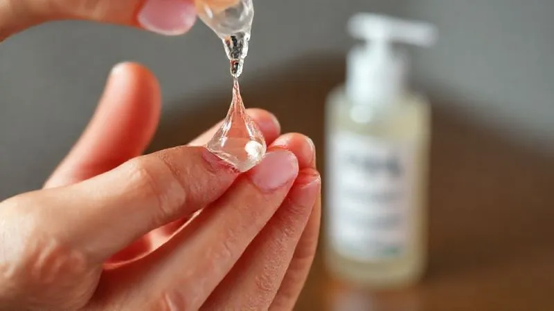 A close-up, photorealistic professional photography shot of a gentle, translucent gel cleanser being dispensed onto a model's fingertips, with soft, diffused studio lighting highlighting the product's texture. In the background, a small bottle of a PHA toner is subtly blurred. Sharp focus on the hands and product, depth of field creating a soft glow, 8K hyper-detailed, shot on a high-end DSLR.
