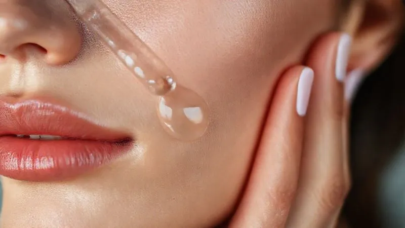 A close-up, photorealistic professional photography shot of a clear hyaluronic acid serum being gently massaged into a model's cheek, showcasing a dewy, plump skin texture. The background is a soft blur of elegant skincare bottles. Cinematic lighting, sharp focus on the skin and product, depth of field, 8K hyper-detailed, shot on a high-end DSLR.