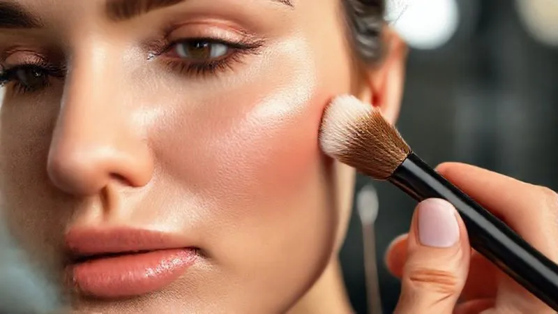 A close-up, photorealistic professional photography shot of a makeup artist's hands gently applying a luminous primer to a model's cheekbone with a soft brush, creating a subtle sheen. The model's skin looks fresh and dewy under soft studio lights. Sharp focus on the application, depth of field blurring the background, 8K hyper-detailed, shot on a high-end DSLR.