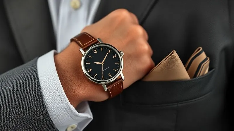 A close-up, photorealistic shot of a man's wrist wearing an elegant, minimalist dress watch with a leather strap. In the background, a glimpse of a neatly folded silk pocket square peeking from a blazer pocket. The focus is on the watch and subtle details, conveying sophistication. Professional photography, 8K, cinematic lighting, sharp focus, depth of field, shot on a high-end DSLR.