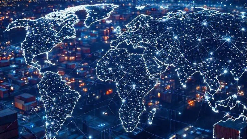 A complex, interconnected network of global shipping containers, factories, and warehouses, all glowing with secure digital lines of data flow, representing a fortified and transparent supply chain. Photorealistic, professional photography, 8K, cinematic lighting, sharp focus, depth of field, shot on a high-end DSLR.