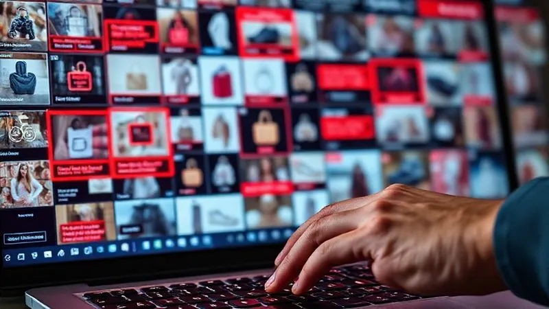 A digital interface displaying a grid of online marketplaces and social media feeds, with various product images being highlighted and flagged by glowing red outlines, symbolizing automated detection of counterfeit goods. In the foreground, a human hand is poised over a keyboard, ready to initiate a takedown. Photorealistic, professional photography, 8K, cinematic lighting, sharp focus, depth of field, shot on a high-end DSLR.