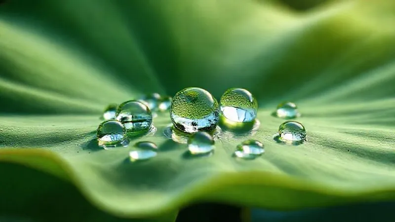 A photorealistic close-up of water droplets forming perfect spheres on a vibrant green lotus leaf, illustrating the natural hydrophobic effect, with soft morning light, sharp focus, depth of field, 8K hyper-detailed, shot on a high-end DSLR.
