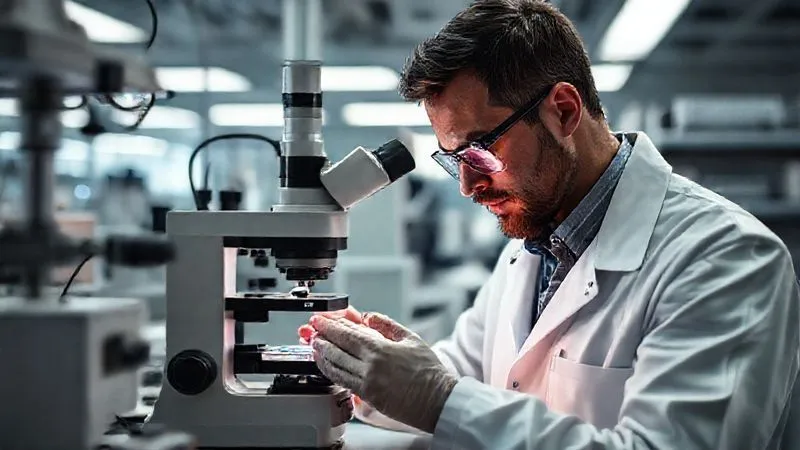 A photorealistic image inside a modern textile research laboratory, a scientist in a lab coat precisely examining a piece of performance fabric under advanced microscopy, surrounded by sleek, high-tech equipment, cinematic lighting, sharp focus on the fabric and scientist's hands, depth of field blurring the background, 8K hyper-detailed, shot on a high-end DSLR.
