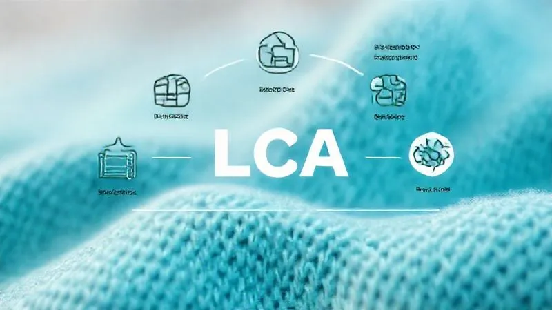 A photorealistic, professional photography shot depicting a clear, visually engaging infographic or diagram illustrating the stages of a textile product's Life Cycle Assessment (LCA) with icons for raw materials, manufacturing, use, and end-of-life, set against a clean, modern backdrop. The focus is on environmental impact metrics, cinematic lighting, sharp focus, depth of field, 8K hyper-detailed, shot on a high-end DSLR.