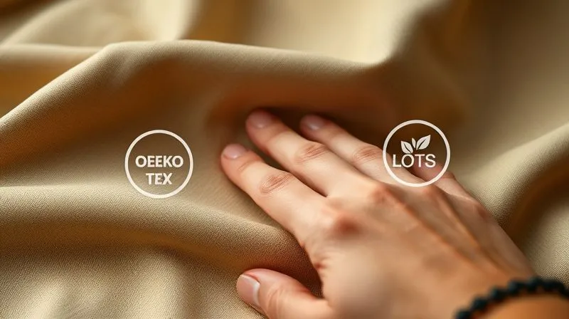 A photorealistic image of a hand gently touching a swatch of fabric, with various certification labels (e.g., OEKO-TEX, GOTS) subtly glowing around it, symbolizing trust and verified sustainability. Professional photography, 8K, cinematic lighting, sharp focus on the fabric and labels, depth of field blurring the background, shot on a high-end DSLR, conveying consumer confidence and ethical production.
