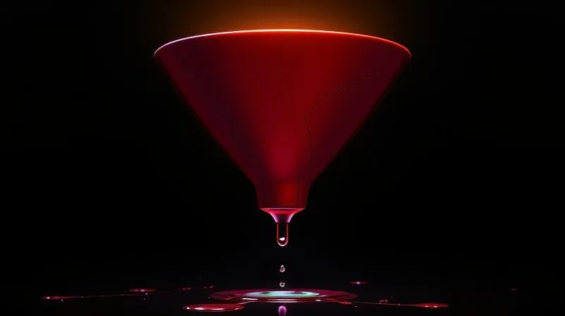 A photorealistic, sleek 3D visualization of a marketing funnel, with a glowing, vibrant top representing influencer content, progressively narrowing downwards. At the bottom, a small, trickling stream of liquid represents sales, while visible cracks and leaks appear at various points along the funnel's sides, illustrating lost potential. Cinematic lighting, sharp focus on the funnel structure, depth of field, 8K hyper-detailed, shot on a high-end DSLR.