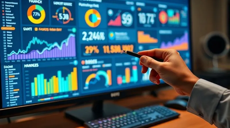 A photorealistic, professional photography shot of a data analyst's desk. On a large monitor, a complex, aesthetically pleasing dashboard displays various marketing KPIs: conversion rates, CTR, ROI, and customer journey funnels, represented by vibrant graphs and charts. A hand holds a stylus, pointing at a specific metric. Cinematic lighting, sharp focus on the screen and hand, depth of field, 8K hyper-detailed, shot on a high-end DSLR.