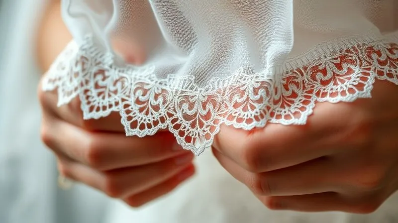 photorealistic, professional photography, 8K, cinematic lighting, sharp focus, depth of field, shot on a high-end DSLR. A close-up of a skilled seamstress's hands meticulously stitching delicate lace onto the edge of a wedding veil, with fine threads and needles visible. The background is softly blurred, highlighting the intricate handiwork.
