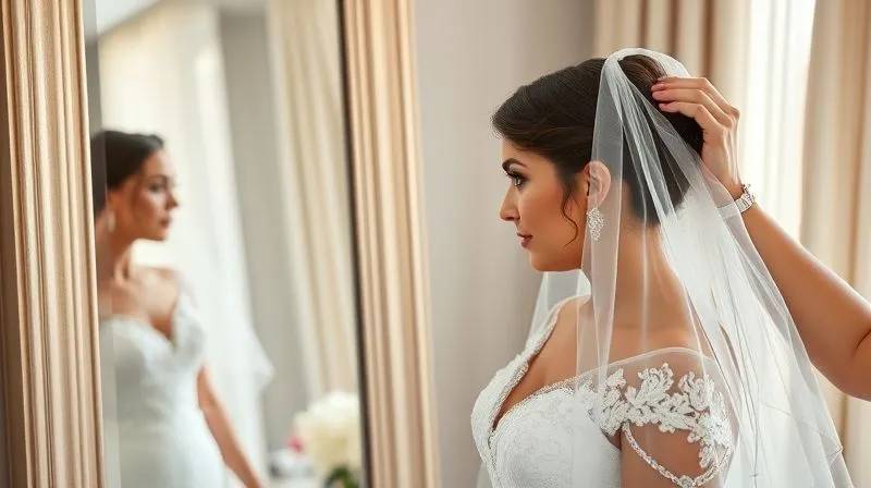 photorealistic, professional photography, 8K, cinematic lighting, sharp focus, depth of field, shot on a high-end DSLR. A bride in her wedding dress, looking thoughtfully at her reflection in a large mirror, while a professional bridal stylist gently adjusts a wedding veil on her head. The stylist offers reassuring advice, and the scene is bathed in soft, natural light, creating a supportive atmosphere.
