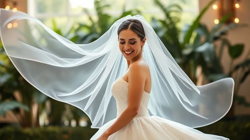 photorealistic, professional photography, 8K, cinematic lighting, sharp focus, depth of field, shot on a high-end DSLR. A radiant bride, with a joyful and confident expression, twirls gently in a beautiful wedding gown and a perfectly flowing veil. She is surrounded by soft, ethereal light, perhaps in a lush garden or elegant ballroom, capturing a moment of pure happiness and grace.
