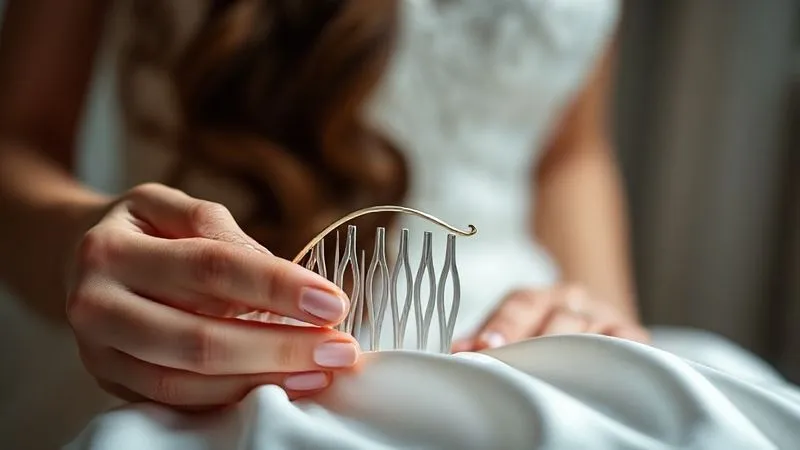 Photorealistic, professional photography, 8K, cinematic lighting, sharp focus on a delicate bridal hair comb with a single, clearly visible bent tine, resting on a pristine white silk cloth. A bride's hands, in soft focus, are gently examining it with a look of calm concern. Depth of field, shot on a high-end DSLR, soft, natural light.