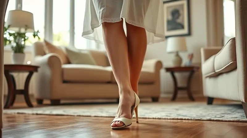Photorealistic, professional photography, 8K, cinematic lighting, sharp focus, depth of field, shot on a high-end DSLR. A bride-to-be, wearing elegant bridal shoes and comfortable loungewear, is gently walking around her living room, smiling softly. The shoes look pristine but are clearly being 'broken in'. The setting is warm and inviting.