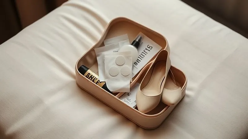 Photorealistic, professional photography, 8K, cinematic lighting, sharp focus, depth of field, shot on a high-end DSLR. A beautifully arranged 'bridal emergency kit' lays open on a soft, elegant surface, showcasing blister pads, moleskin, a small cooling spray, and a pair of chic, comfortable ballet flats peeking out. The mood is prepared and reassuring.