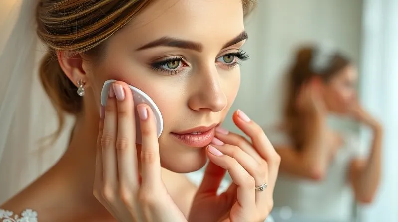 Photorealistic, professional photography, 8K, cinematic lighting, sharp focus, depth of field, shot on a high-end DSLR. A bride gently applying a soothing, clear gel to a small patch of redness on her cheek, her eyes focused with concern. The background shows a blurred bathroom mirror and soft light.