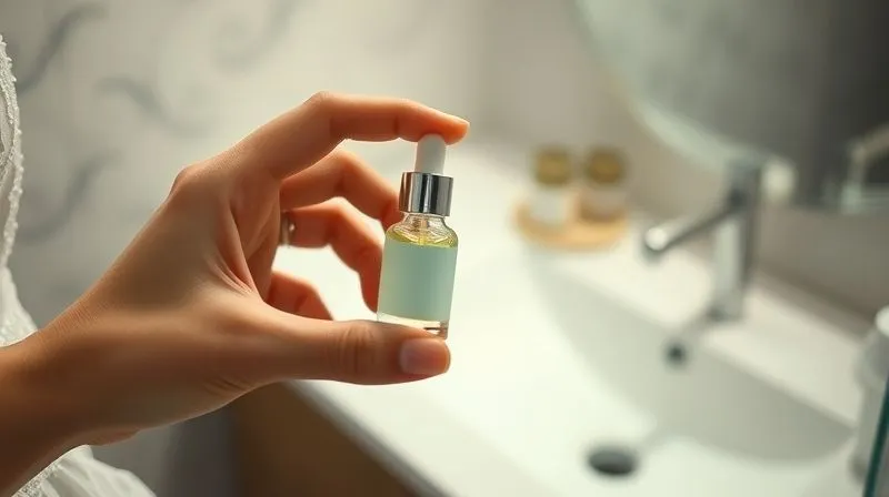 Photorealistic, professional photography, 8K, cinematic lighting, sharp focus, depth of field, shot on a high-end DSLR. A close-up of a bride's hand holding a small, elegant bottle of serum, with a blurred background of a minimalist bathroom counter. The focus is on the product and the gentle gesture, conveying care.