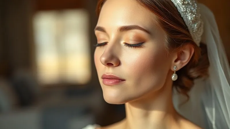 Photorealistic, professional photography, 8K, cinematic lighting, sharp focus, depth of field, shot on a high-end DSLR. A serene bride meditating with her eyes closed, soft natural light illuminating her face. Her skin appears calm and radiant, emphasizing inner peace amidst wedding preparations.
