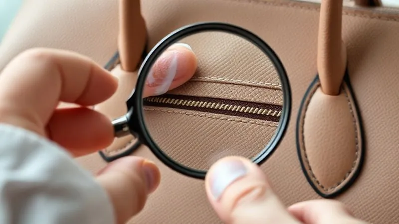 A photorealistic image of a magnifying glass held over a detail of a luxury handbag, focusing on stitching or a serial number, with a professional's hand carefully pointing. Soft, diffused lighting, high detail, symbolizing meticulous inspection.