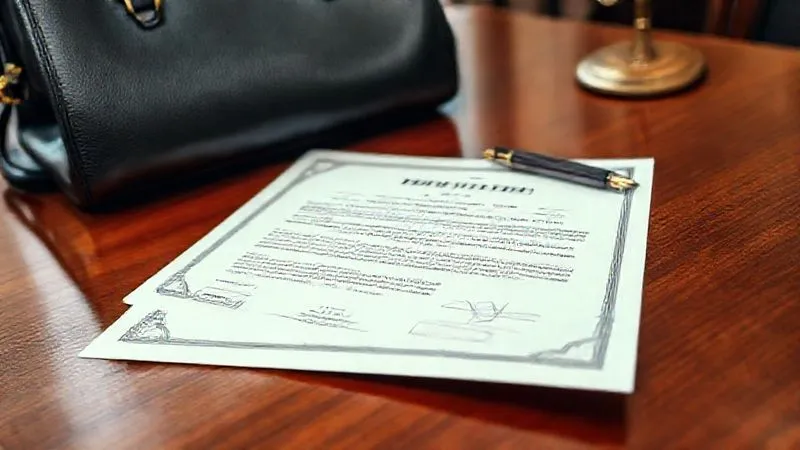 A photorealistic, detailed shot of a legal document or certificate of authenticity lying on a polished wooden desk next to a luxury handbag, with a pen nearby. The scene is well-lit, conveying professionalism and legal rigor.