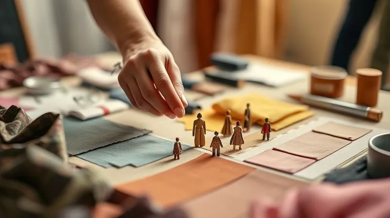 A photorealistic, close-up shot of a stylist's hands gently arranging fabric swatches and small garment cut-outs on a large, tactile mood board. The background is softly blurred, showing other styling tools. The lighting is warm and inviting, highlighting textures and colors. 8K, cinematic lighting, sharp focus, depth of field, shot on a high-end DSLR.