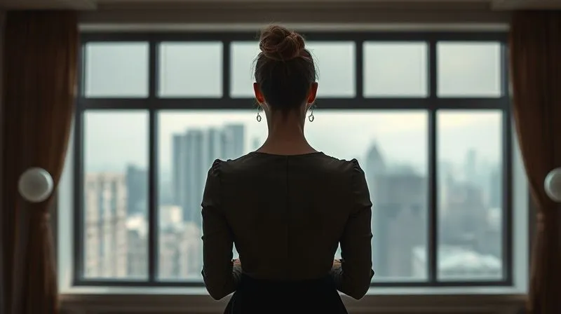 Photorealistic image of a fashion stylist, seen from behind, looking out a large window at a cityscape, hands clasped thoughtfully. The lighting is soft and contemplative, suggesting a moment of professional reflection and decision-making. The studio space is elegant but slightly empty, symbolizing a shift. 8K, cinematic lighting, sharp focus, depth of field, shot on a high-end DSLR.