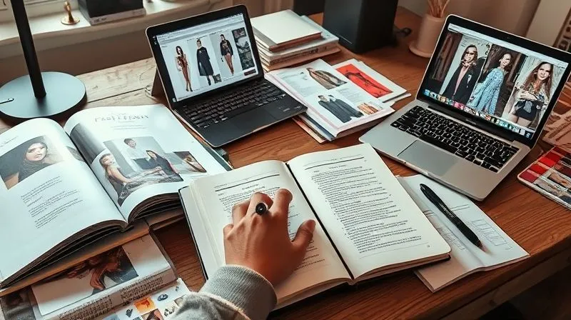 Photorealistic image of a stylist's desk filled with open fashion journals, fabric swatches, sketchbooks, and a laptop displaying fashion trend reports. The scene is organized but creative, with warm, inviting light. A hand is seen making notes in a journal, symbolizing continuous learning and refinement. 8K, cinematic lighting, sharp focus, depth of field, shot on a high-end DSLR.