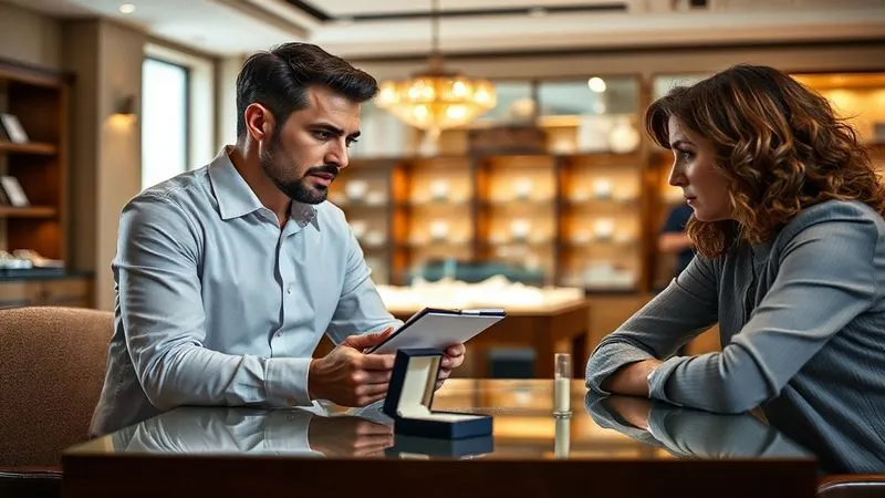 A photorealistic image of a jeweler, calm and composed, actively listening to a distressed client in a luxurious, softly lit jewelry showroom. The jeweler is holding a notepad and pen, making eye contact, with a custom ring box open on the table between them. Professional photography, 8K, cinematic lighting, sharp focus on their expressions and the ring, depth of field blurring the showroom background, shot on a high-end DSLR.