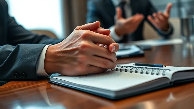 Photorealistic, professional photography, 8K, cinematic lighting, sharp focus, depth of field, shot on a high-end DSLR. A close-up shot of a photographer's hands clasped calmly on a conference table, next to a notebook with careful notes, while a slightly out-of-focus client gestures in the background. The mood is one of focused listening and professional composure.