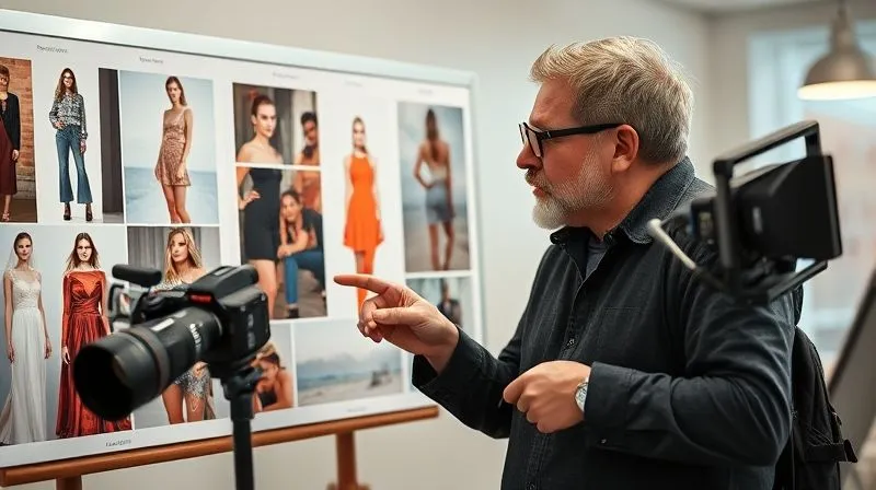 Photorealistic, professional photography, 8K, cinematic lighting, sharp focus, depth of field, shot on a high-end DSLR. A professional photographer and a client are looking at a mood board with fashion imagery, actively pointing and discussing. The photographer has a thoughtful, problem-solving expression, while the client seems engaged in explaining their vision. The scene is bright and collaborative, focusing on shared understanding.