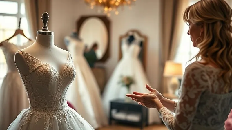 Photorealistic professional photography, 8K, cinematic lighting, sharp focus on a bridal designer gently listening to a distressed bride in a chic, softly lit studio. The designer has an empathetic expression, hands clasped, while the bride gestures towards a partially visible custom wedding gown. Depth of field, shot on a high-end DSLR, emotional resonance.