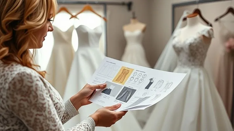 Photorealistic professional photography, 8K, cinematic lighting, sharp focus on a bridal designer presenting various fabric swatches and design sketches to a bride, both looking at the options collaboratively. The atmosphere is professional and problem-solving, with a custom gown partially visible in the background. Depth of field, shot on a high-end DSLR, focus on hands and materials.