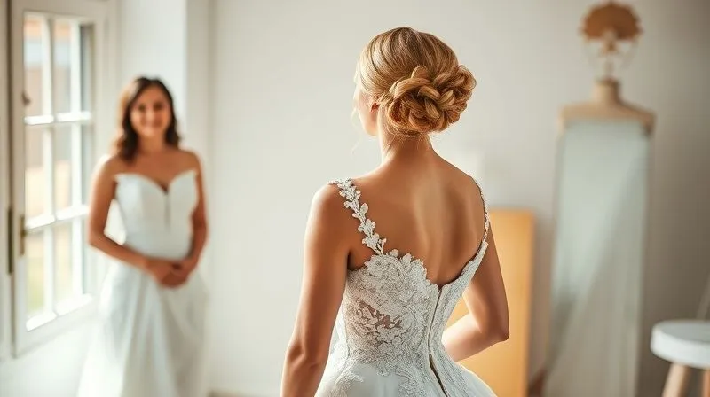Photorealistic professional photography, 8K, cinematic lighting, sharp focus on a happy bride admiring herself in a perfectly fitted, beautifully designed custom wedding gown in a sunlit studio. A smiling bridal designer stands subtly in the background, observing with satisfaction. Depth of field, shot on a high-end DSLR, conveying resolution, joy, and success.