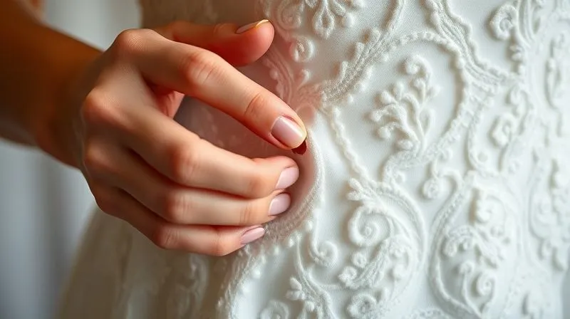 A close-up, photorealistic image of a bride's hands meticulously photographing a small, noticeable tear in the delicate lace of a white wedding dress. The lighting is bright and even, highlighting the texture of the fabric and the flaw. Professional photography, 8K, cinematic lighting, sharp focus, depth of field, shot on a high-end DSLR.