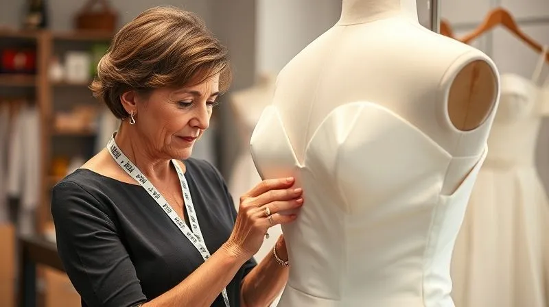 A professional, discerning bridal seamstress, mid-40s, with a measuring tape around her neck, meticulously examining the bodice of a white wedding gown on a mannequin. Her expression is focused, and her hands are gently probing the fabric. The background shows a well-lit, organized alteration studio. Professional photography, 8K, cinematic lighting, sharp focus on the seamstress and gown, depth of field, shot on a high-end DSLR.