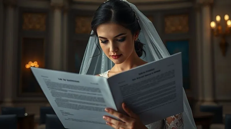 A photorealistic, professional photography shot of a bride thoughtfully reading a legal document, with a blurred backdrop of a courthouse or legal office. The lighting is serious and professional, emphasizing the gravity of understanding legal rights. Sharp focus on the document, depth of field blurring the background. 8K hyper-detailed, shot on a high-end DSLR.