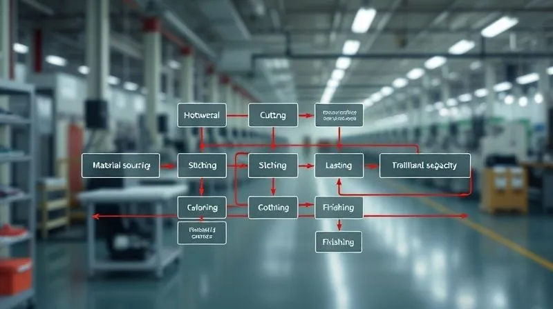 photorealistic, professional photography, 8K, cinematic lighting, sharp focus, depth of field, shot on a high-end DSLR. A detailed flowchart diagram showing interconnected boxes representing different stages of footwear manufacturing: material sourcing, cutting, stitching, lasting, finishing. Several arrows are highlighted in red, indicating bottlenecks or limited capacity points. The background is a clean, modern factory floor.