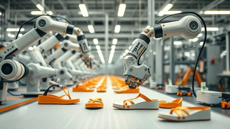 photorealistic, professional photography, 8K, cinematic lighting, sharp focus, depth of field, shot on a high-end DSLR. A modern, clean footwear factory floor with robotic arms precisely handling sandal components, alongside human technicians overseeing the process. The scene conveys efficiency, automation, and a harmonious blend of technology and skilled labor. Bright, even lighting highlights the precision.