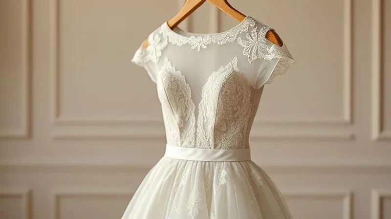 A photorealistic image of a vintage wedding dress slowly transforming into a modern, minimalist design, symbolizing the evolution of bridal trends. The transition is seamless, with intricate lace dissolving into sleek lines. 8K, cinematic lighting, sharp focus, depth of field, professional photography, soft glow.