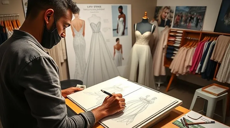 A photorealistic, professional photography, 8K image of a bridal designer sketching new wedding dress designs, surrounded by mood boards showing emerging fashion trends, fabric swatches, and inspirational imagery. Cinematic lighting highlights the designer's focused expression, with sharp focus on the detailed sketches.