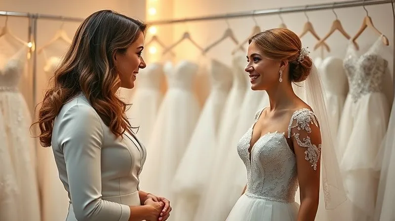A photorealistic, professional photography, 8K image of a bridal consultant empathetically listening to a bride in a luxurious boutique setting, surrounded by beautiful dresses. The consultant is offering personalized advice, with soft, warm cinematic lighting creating an intimate atmosphere and sharp focus on their interaction. Depth of field blurs the background dresses.
