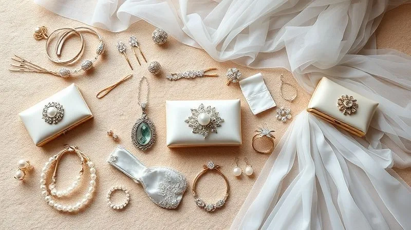 A photorealistic, professional photography, 8K image of a diverse range of bridal accessories and garments, from classic veils and modern hairpins to elegant clutches and subtle jewelry, laid out aesthetically on a a soft, textured surface. The composition symbolizes diversification and comprehensive offerings. Cinematic lighting, sharp focus, depth of field.