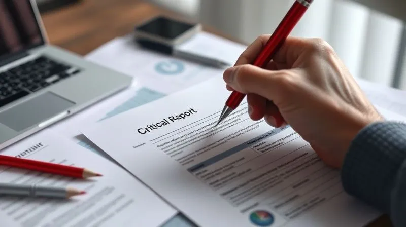 A photorealistic close-up of a hand highlighting a critical finding on an audit report with a red pen, surrounded by blurred documents and a laptop, indicating urgent review. Professional photography, 8K, cinematic lighting, sharp focus, depth of field.