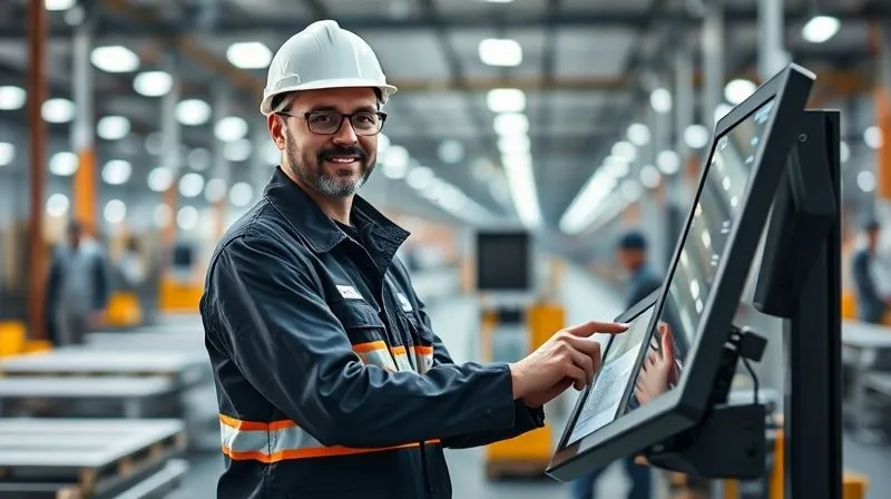 A photorealistic image showing a worker confidently using a digital grievance reporting kiosk in a factory setting, with a blurred background of production lines. The focus is on the interaction and the sense of security. Professional photography, 8K, cinematic lighting, sharp focus, depth of field.