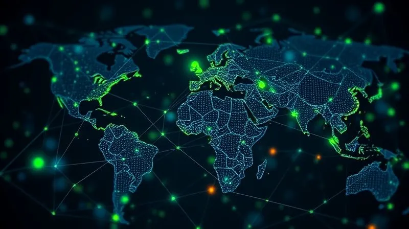 A photorealistic intricate network of interconnected global supply chain nodes, with some links highlighted in green for ethical compliance and others being strengthened or diversified. Professional photography, 8K, cinematic lighting, sharp focus, depth of field, representing resilience and diversification.