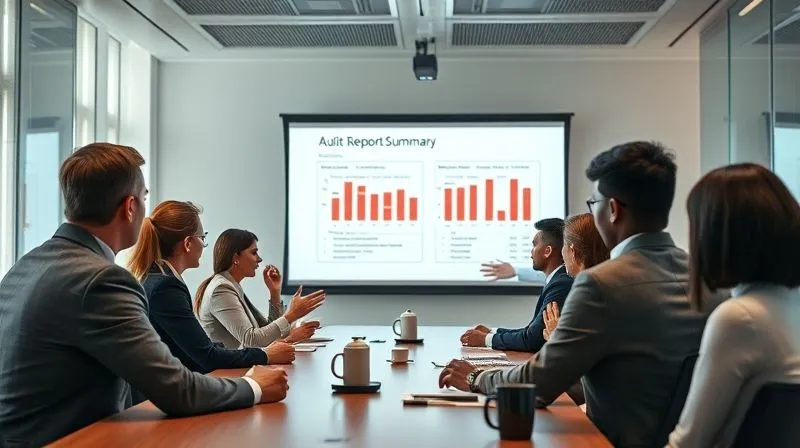 A photorealistic, professional photography, 8K, cinematic lighting, sharp focus, depth of field, shot on a high-end DSLR of a diverse team of professionals in a modern, well-lit conference room, intensely focused on a projection screen displaying an audit report summary with red flags. One person is gesturing calmly, indicating leadership in a crisis. The atmosphere is serious but constructive, demonstrating immediate response and damage control.