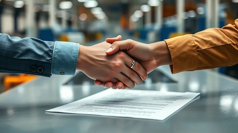 A photorealistic, professional photography, 8K, cinematic lighting, sharp focus, depth of field, shot on a high-end DSLR of two hands, one from a Western executive and one from a local factory manager, shaking firmly over a table with a detailed corrective action plan document. The background shows a blurred, modern factory setting, emphasizing partnership and collaboration in implementing solutions. The mood is one of serious commitment and shared responsibility.