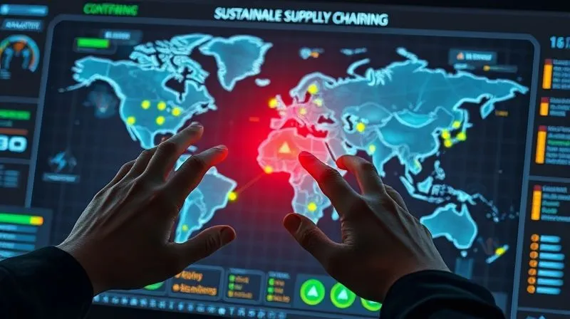 A photorealistic, professional photography, 8K, cinematic lighting, sharp focus, depth of field, shot on a high-end DSLR of a sleek, futuristic control panel displaying a complex network map of a global supply chain. Various nodes are highlighted with green (compliant) and yellow (monitoring) indicators, with a single red alert icon drawing attention. Hands are interacting with a holographic display, representing proactive monitoring and technological oversight in sustainable fashion production.