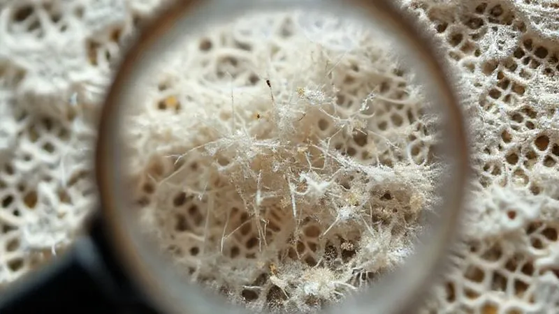 A macro, photorealistic, professional photography shot of severely degraded antique lace fibers under a magnifying glass. Individual threads are visible, frayed, brittle, and breaking apart into fine dust. The texture is rough and fragile. Cinematic lighting highlights the delicate, crumbling nature of the fabric. Sharp focus on the fibers, with a shallow depth of field. 8K hyper-detailed, shot on a high-end DSLR.