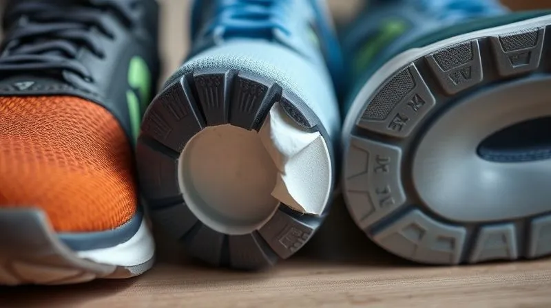 A close-up, photorealistic professional photography image showcasing various types of athletic shoe material failures. One shoe shows a torn mesh upper near the toe, another has a section of its outsole peeling away from the midsole, and a third displays a visibly compressed and cracked midsole foam. The failures are distinct and clear, with sharp focus on the damaged areas, depth of field blurring the background. Cinematic lighting highlights the textures of the materials, 8K hyper-detailed, shot on a high-end DSLR.