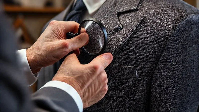 A photorealistic image of a tailor's hands meticulously inspecting the seam of a high-quality bespoke suit jacket on a mannequin, with a magnifying glass. Focus on the intricate stitching and fabric texture. Professional photography, 8K, cinematic lighting, sharp focus, depth of field, shot on a high-end DSLR.